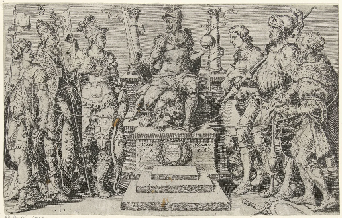 Keizer Karel V omgeven door zijn overwonnen tegenstanders by Unknown, print, 1555