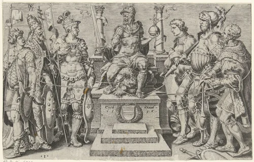 Keizer Karel V omgeven door zijn overwonnen tegenstanders by Unknown, print, 1555
