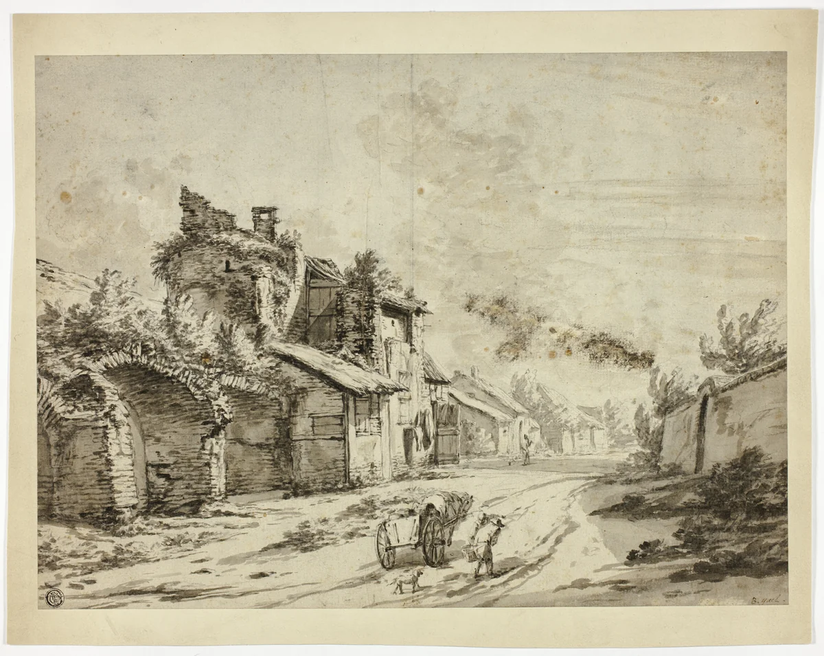 Horse, Cart and Peasants on Road by Old Houses by Pieter Mulier, drawing, 1657-1701