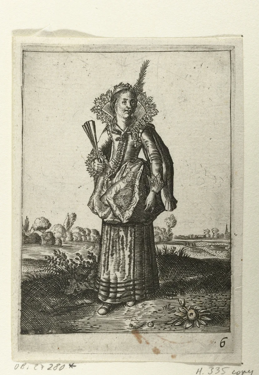Elegante dame met hoofdtooi met veer by anonymous, print, 1619-1652
