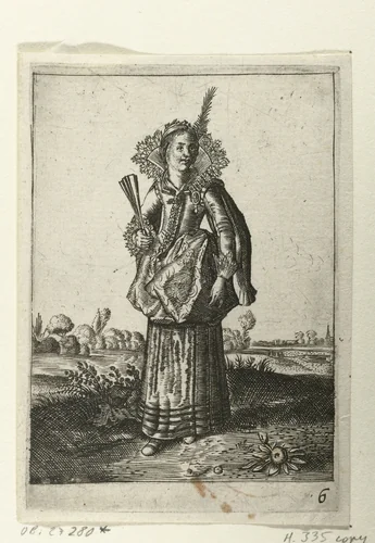 Elegante dame met hoofdtooi met veer by anonymous, print, 1619-1652