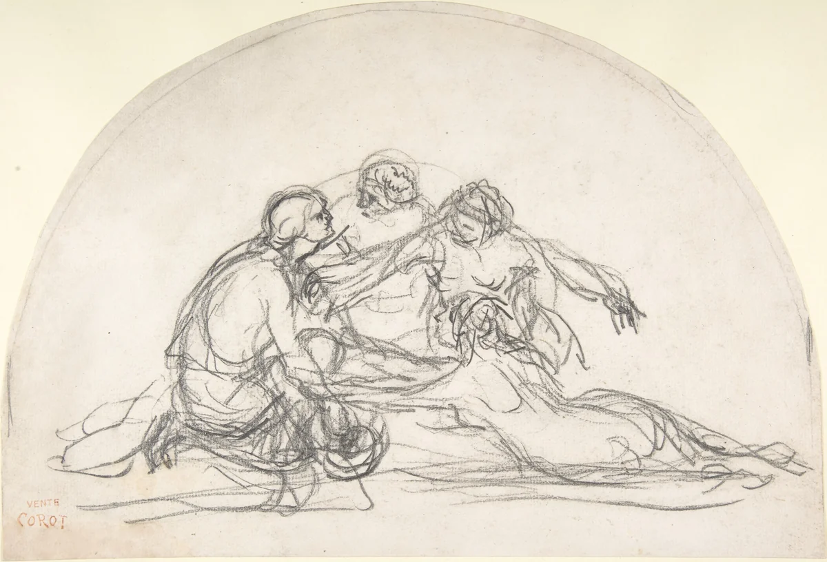 Three Nymphs and a Youth: study for a decorative lunette by Camille Corot, drawing, 1845-1855