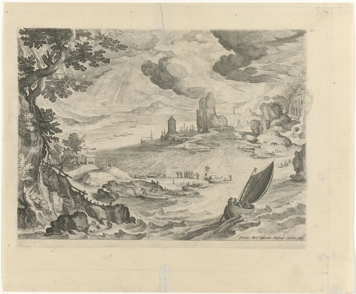 Kustlandschap met zeilschip by Unknown, print, 1570-1632