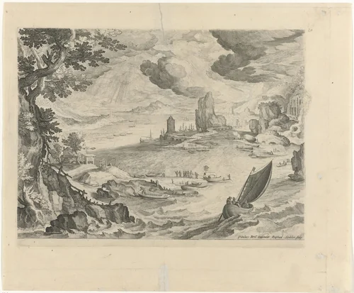 Kustlandschap met zeilschip by Unknown, print, 1570-1632