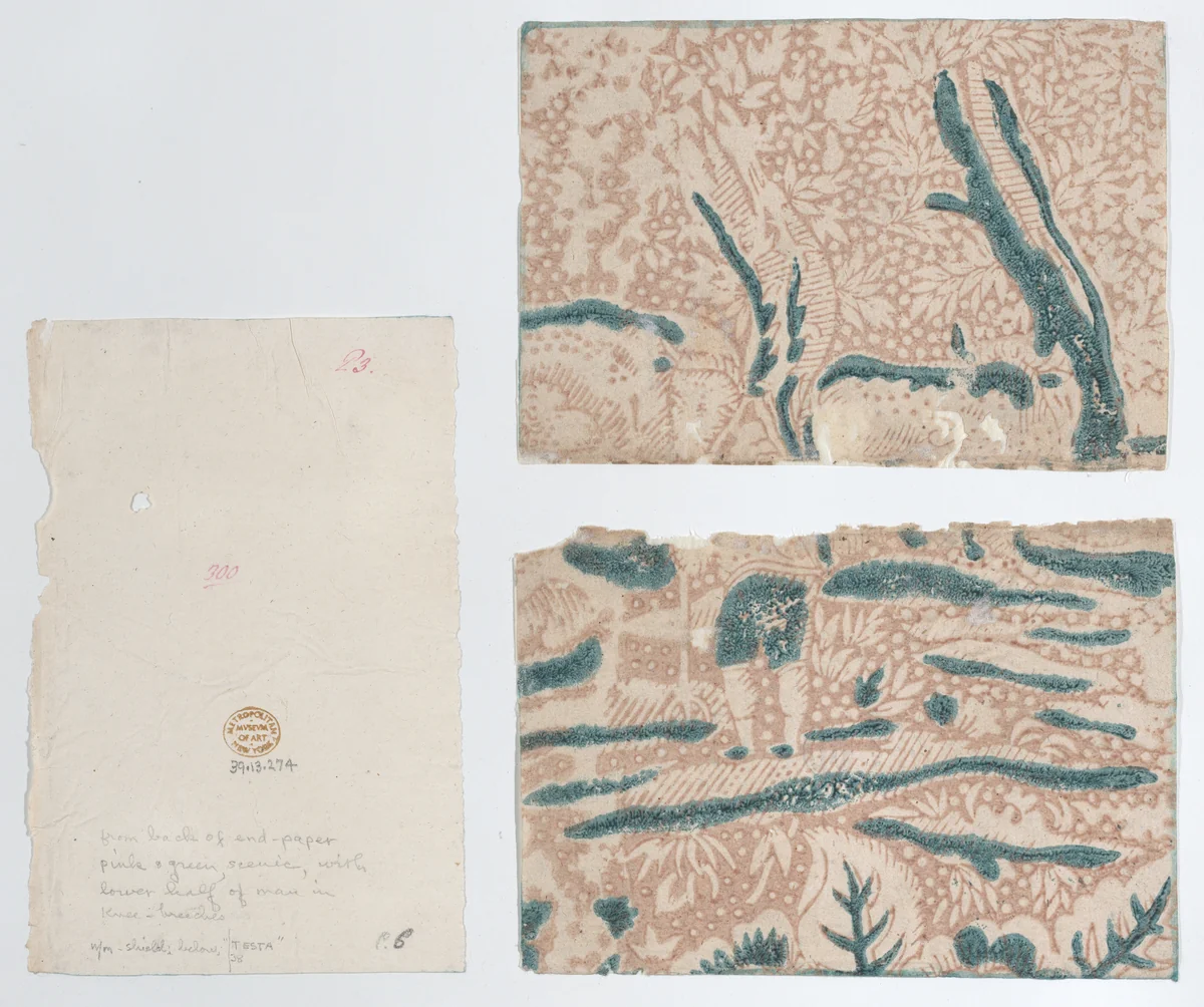 Sheet in two sections with pink and green scenic pattern by anonymous, print, 1700-1800