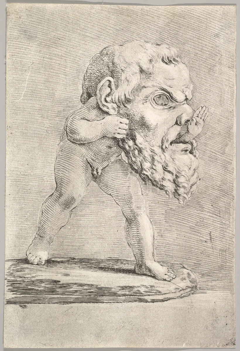 A child wearing a large mask and inserting his hand through the mouth by Stefano della Bella, print, 1658-1662