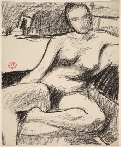 Untitled [nude seated with her left foot pulled under her] by Richard Diebenkorn, drawing, 1955-1967