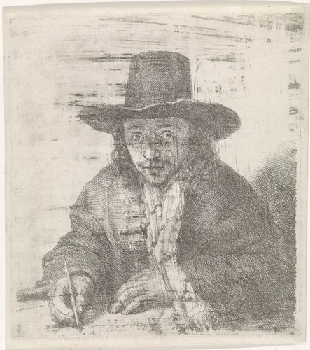 Zelfportret van Johannes Lutma, tekenend by Johannes Lutma, print, 1643-1689