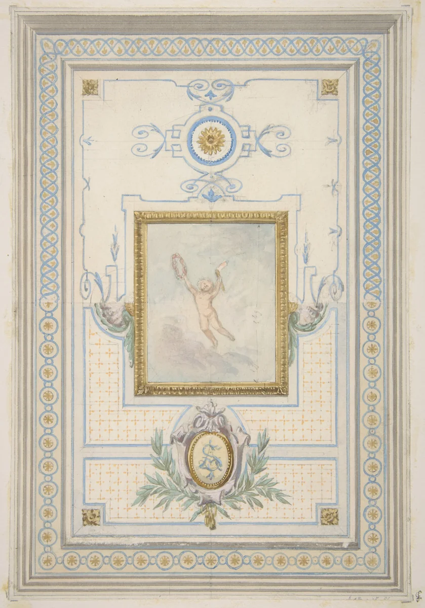 Design for the painted decoration of a ceiling with the monogram: AS by Jules-Edmond-Charles Lachaise, drawing, 1830-1897