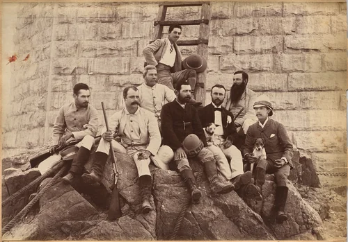 Staff of Messrs. Glover & Co., Sindh Bridge (verso) by Raja Deen Dayal, photograph, 1877-1892