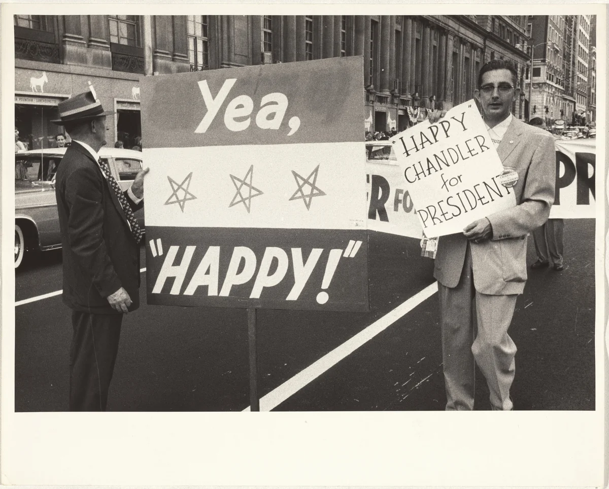 Sign, "Yea, Happy!," convention--Chicago by Robert Frank, photograph, 1956