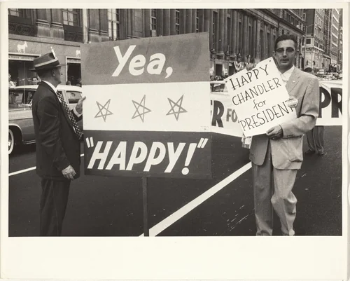 Sign, "Yea, Happy!," convention--Chicago by Robert Frank, photograph, 1956