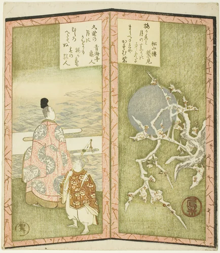 Plum blossoms and poet, from an untitled hexaptych depicting a pair of folding screens by Ryuryukyo Shinsai, print, 1820-1830