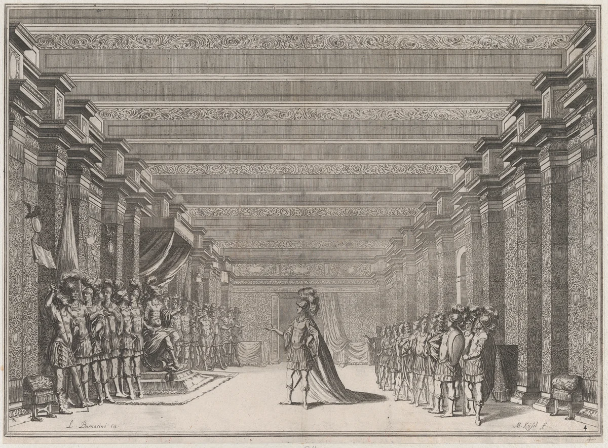 Throne room with a man in classical armor standing at center addressing a man seated on a throne at left; soldiers lined on either side of the room; set design from 'Il Fuoco Eterno' by Mathäus Küsel, print, 1674