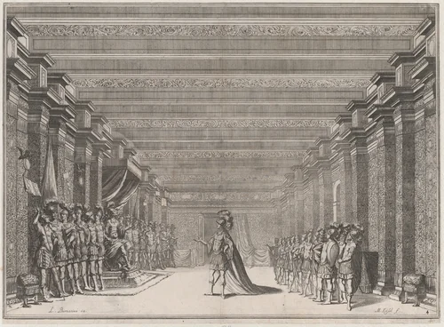 Throne room with a man in classical armor standing at center addressing a man seated on a throne at left; soldiers lined on either side of the room; set design from 'Il Fuoco Eterno' by Mathäus Küsel, print, 1674