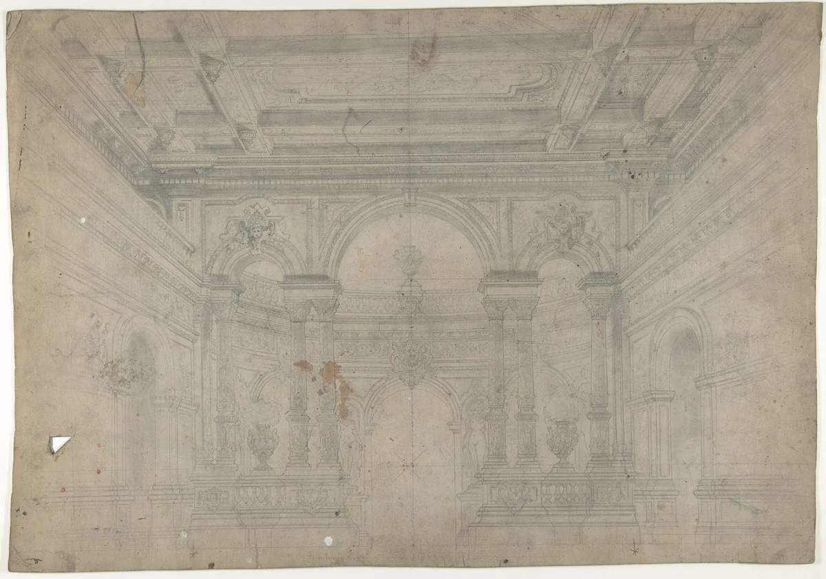 Design for a Stage Set at the Opéra, Paris: Interior with Coiffered Ceiling by Eugène Cicéri, drawing, 1830-1890