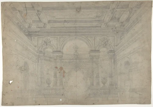 Design for a Stage Set at the Opéra, Paris: Interior with Coiffered Ceiling by Eugène Cicéri, drawing, 1830-1890