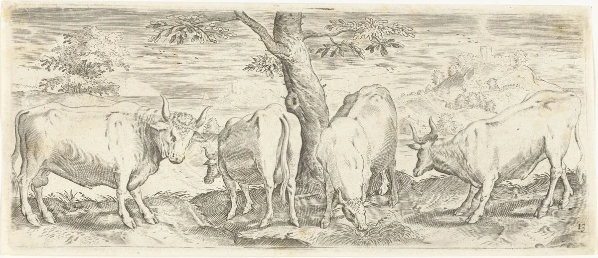 Koeien, een stier en een os by Unknown, print, 1583