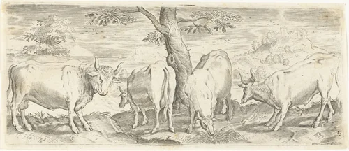 Koeien, een stier en een os by Unknown, print, 1583