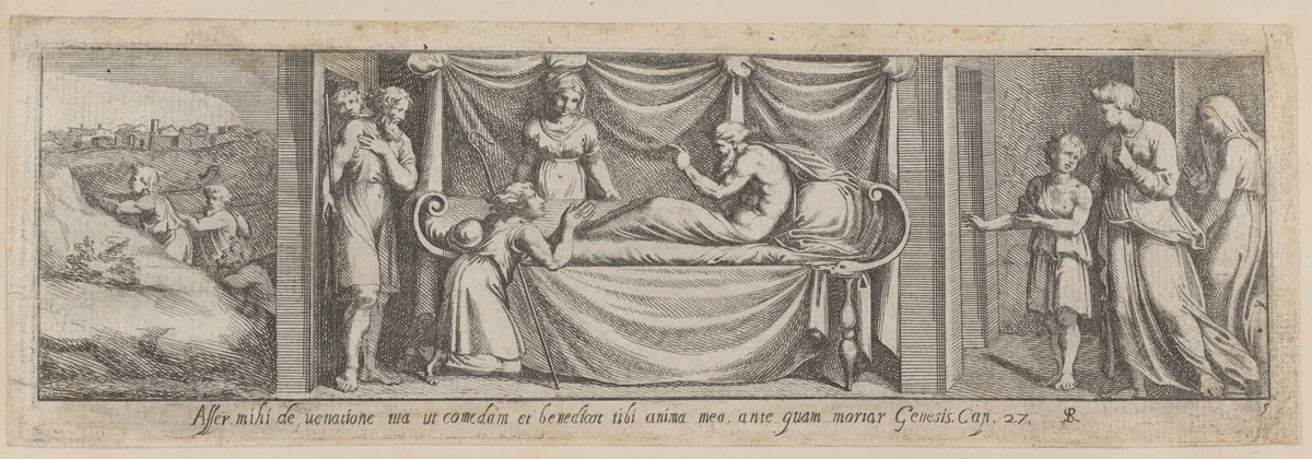 Plate 5: Isaac telling Esau to hunt for meat at left and Jacob and Rebekah at right, from Genesis 27, after a lost fresco in the basamento of Bay 5 of the Vatican Loggia by Pietro Santi Bartoli, print, 1650-1677