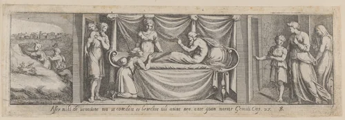 Plate 5: Isaac telling Esau to hunt for meat at left and Jacob and Rebekah at right, from Genesis 27, after a lost fresco in the basamento of Bay 5 of the Vatican Loggia by Pietro Santi Bartoli, print, 1650-1677