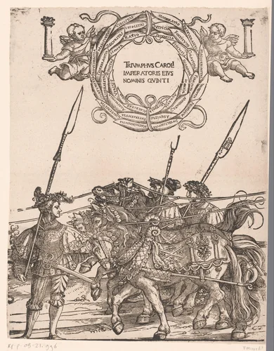 Derde groep paarden van de stoet met titel by anonymous, print, 1537-1551