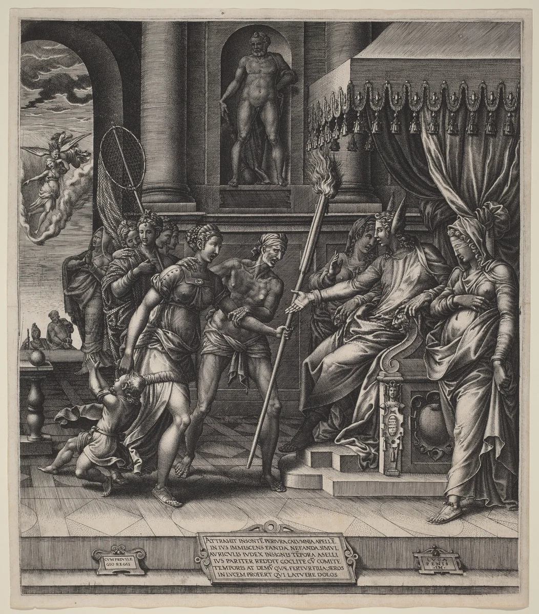 The Calumny of Apelles by Giorgio Ghisi; Luca Penni, print, 1560