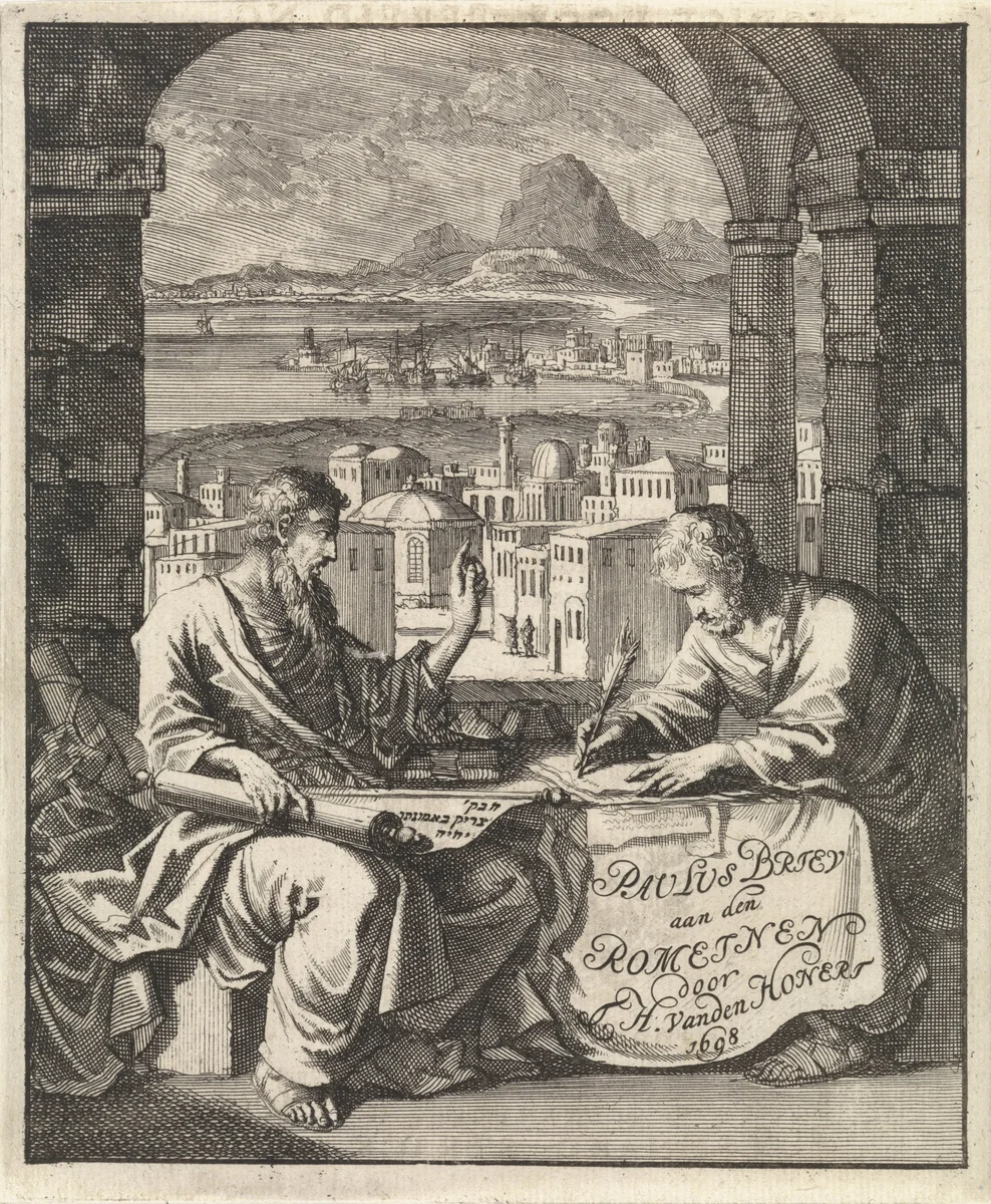 Paulus dicteert Tertius de brief aan de Romeinen by Jan Luyken, print, 1698