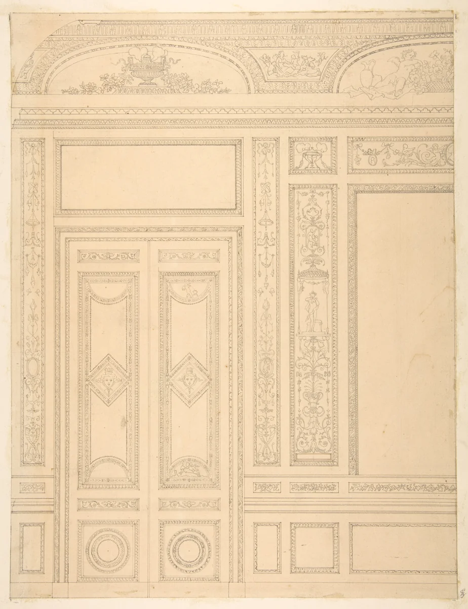 Elevation of an interior showing a paneled wall and double doors decorated in rococco sty.e by Jules-Edmond-Charles Lachaise, drawing, 1830-1897
