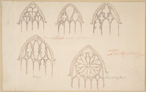 Gothic Window Traceries, Tewkesbury; Tomb (verso) by anonymous, drawing, 1800-1900