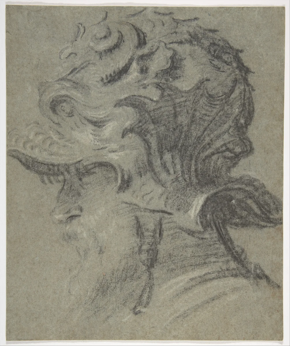 Study of a Bearded Man Wearing the Helmet of Guidobaldo II della Rovere, Duke of Urbino by anonymous, drawing, 1536-1540