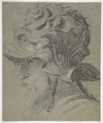 Study of a Bearded Man Wearing the Helmet of Guidobaldo II della Rovere, Duke of Urbino by anonymous, drawing, 1536-1540