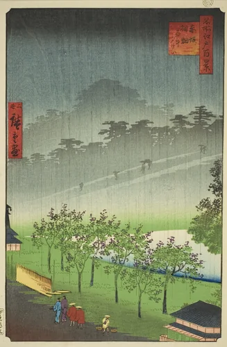 Night Rain at the Paulownia Grove at Akasaka (Akasaka Kiribatake uchu yukei), from the series "One Hundred Famous Views of Edo (Meisho Edo hyakkei)" by Utagawa Hiroshige II (二代目歌川広重), print, 1859