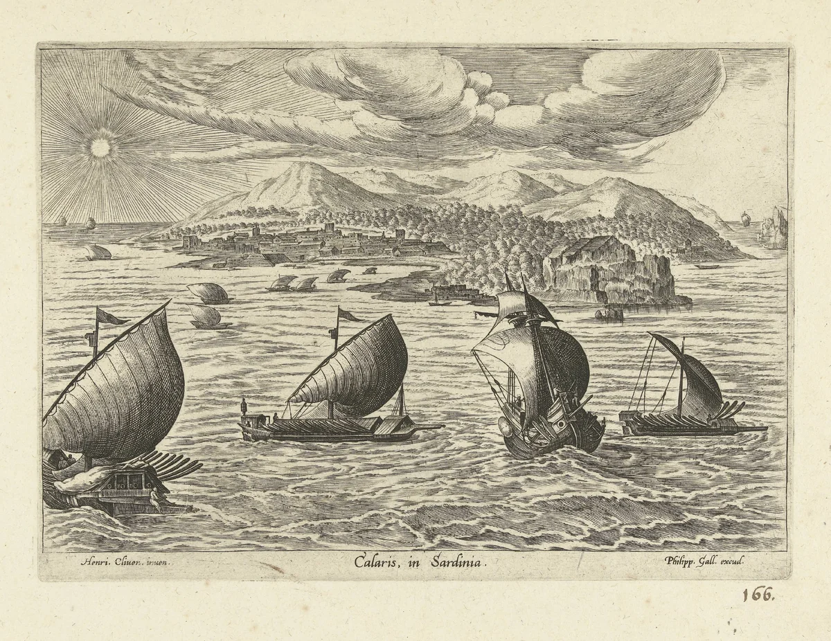 Gezicht op de haven van Cagliari by anonymous, print, 1585