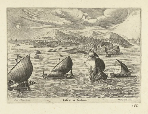 Gezicht op de haven van Cagliari by anonymous, print, 1585