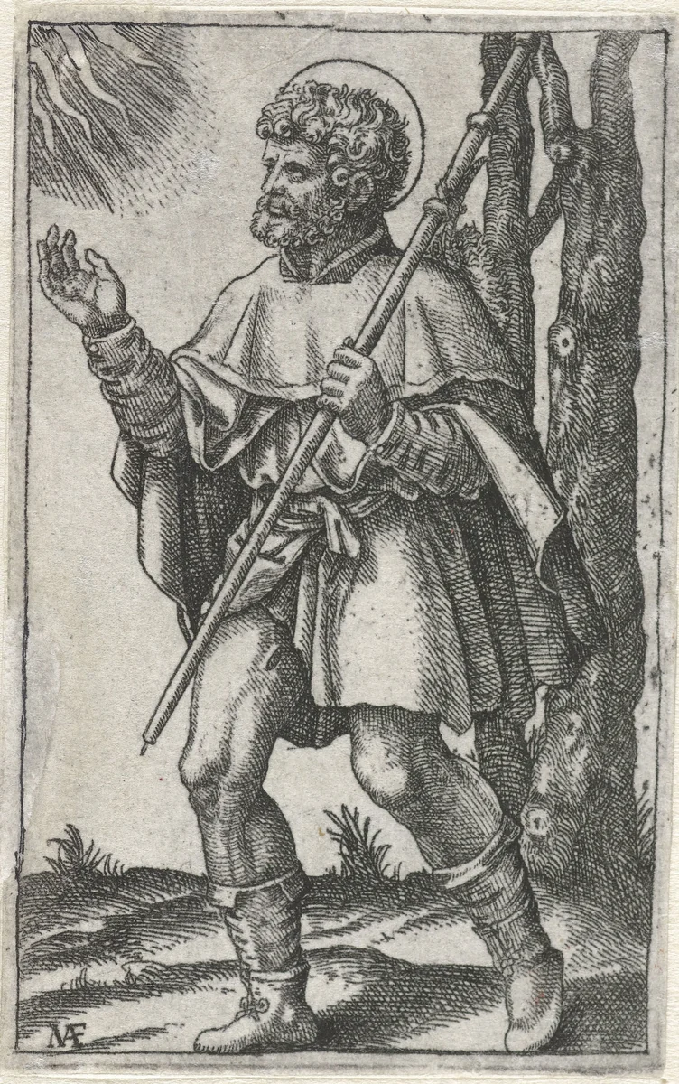 Heilige Rochus als pelgrim met pelgrimsstaf en pestbult op been by Unknown, print, 1500-1527