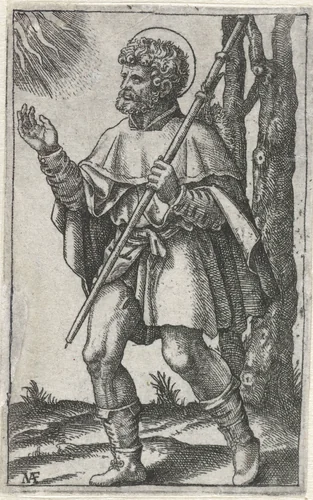 Heilige Rochus als pelgrim met pelgrimsstaf en pestbult op been by Unknown, print, 1500-1527
