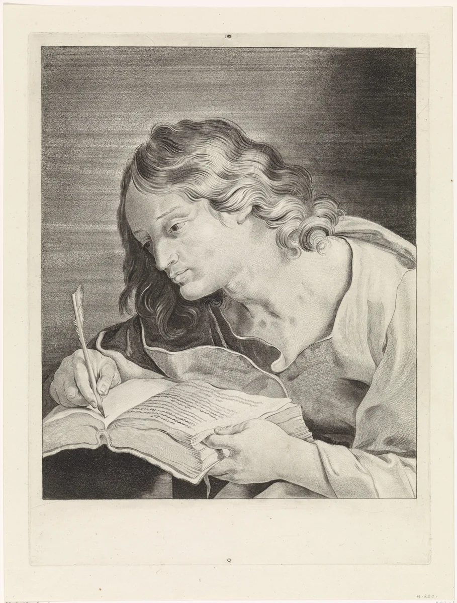 Johannes de Evangelist, schrijvend in een boek by Johannes Lutma, print, 1643-1689