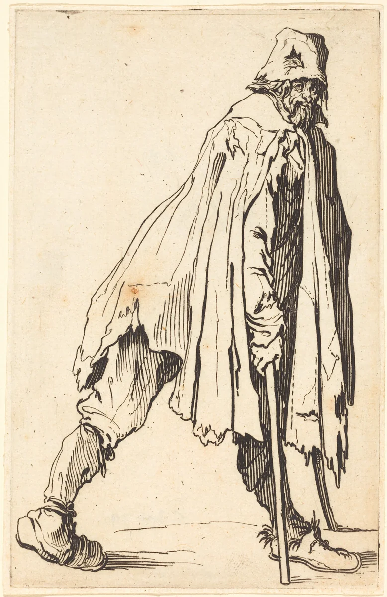 Beggar with Crutches and Cap by Jacques Callot, print, 1622