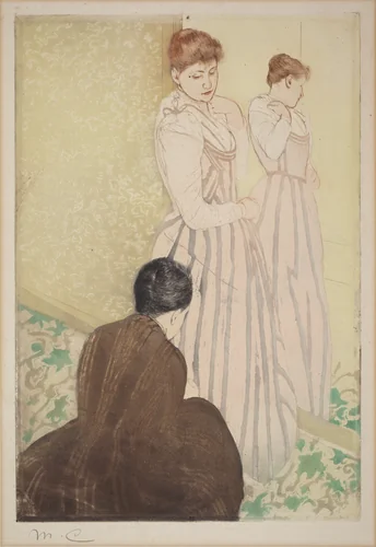 The Fitting by Mary Cassatt, print, 1890-1891