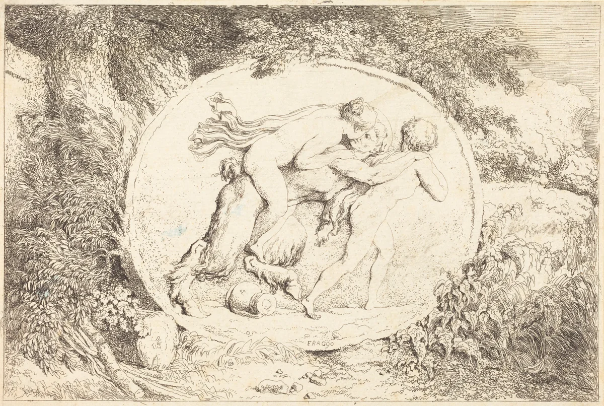 Nymph Astride a Satyr (Jeune fille a califourchon sur un satyre) by Jean Honoré Fragonard, print, 1763