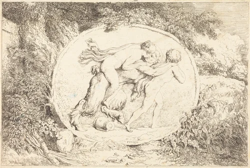 Nymph Astride a Satyr (Jeune fille a califourchon sur un satyre) by Jean Honoré Fragonard, print, 1763