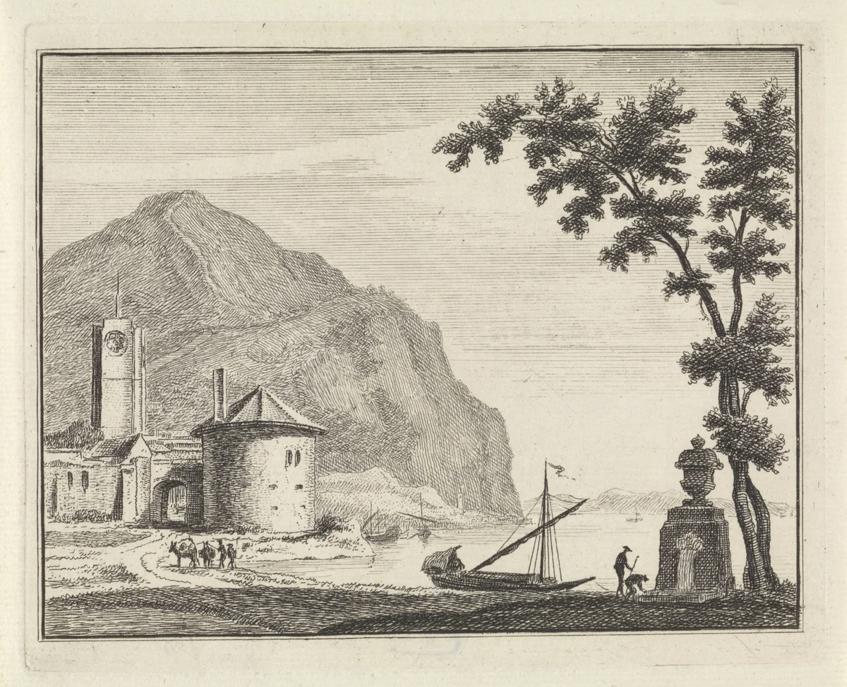 Rivierlandschap met een kerk bij een berg by Hendrik Spilman, print, 1742-1784