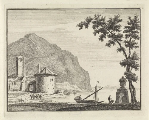 Rivierlandschap met een kerk bij een berg by Hendrik Spilman, print, 1742-1784
