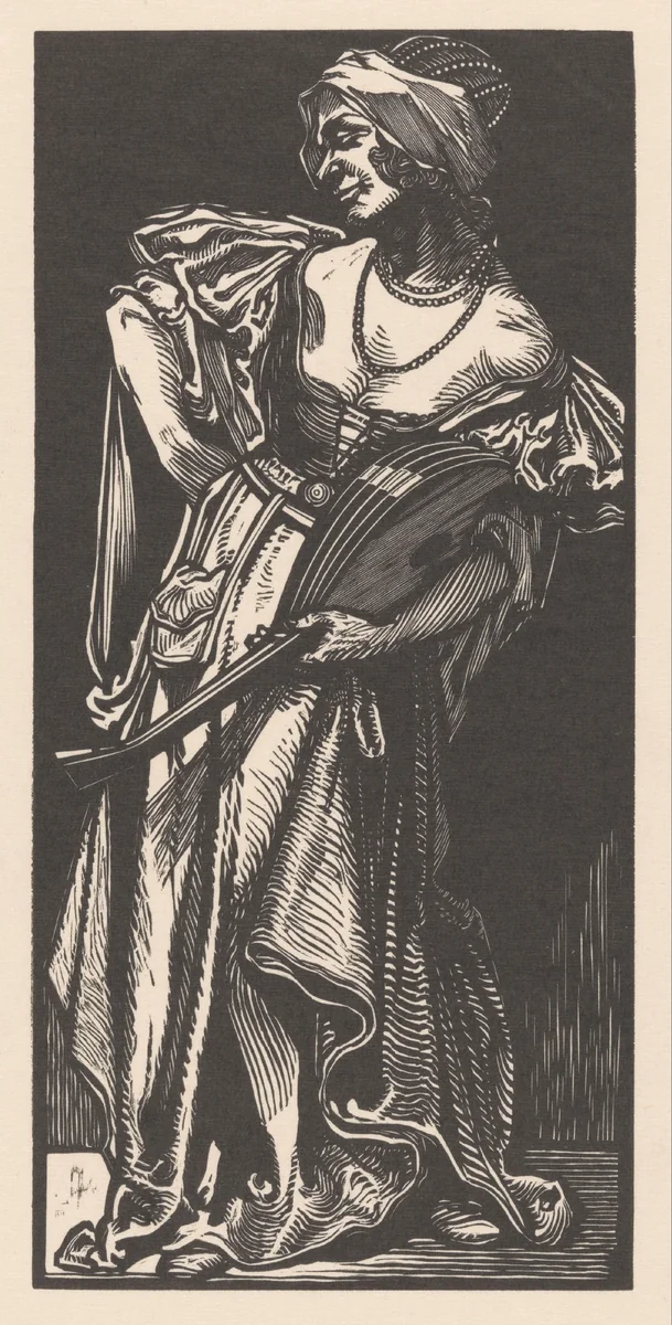 Vrouw met luit by Johannes Josephus Aarts, print, 1881-1934