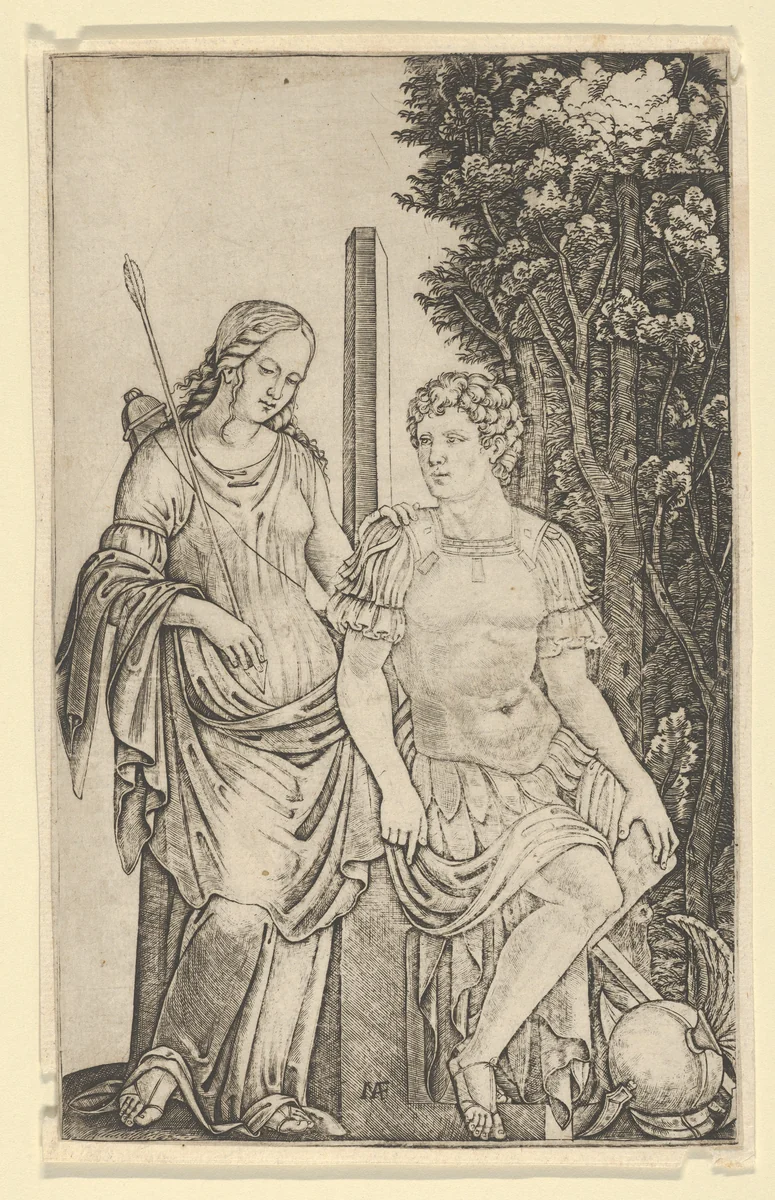 Venus standing at left resting her hand on the shoulder of Aeneas seated at right by Marcantonio Raimondi, print, 1495-1505
