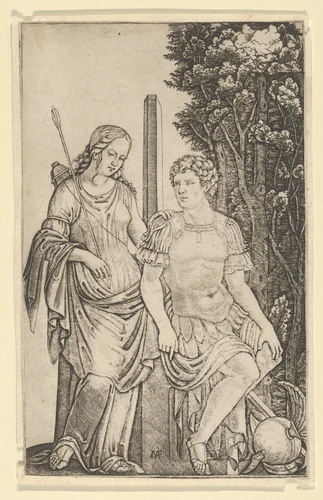 Venus standing at left resting her hand on the shoulder of Aeneas seated at right by Marcantonio Raimondi, print, 1495-1505
