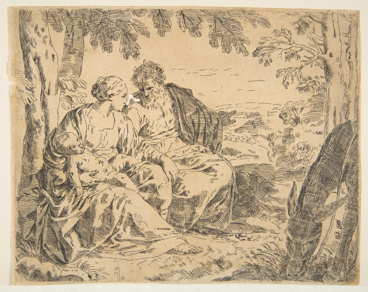 Rest on the flight into Egypt, Mary holding the infant Christ while St. Joseph points into the distance, copy after Cantarini by Simone Cantarini, print, 1632-1644