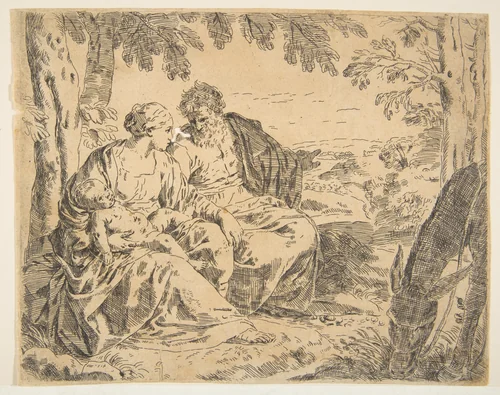 Rest on the flight into Egypt, Mary holding the infant Christ while St. Joseph points into the distance, copy after Cantarini by Simone Cantarini, print, 1632-1644