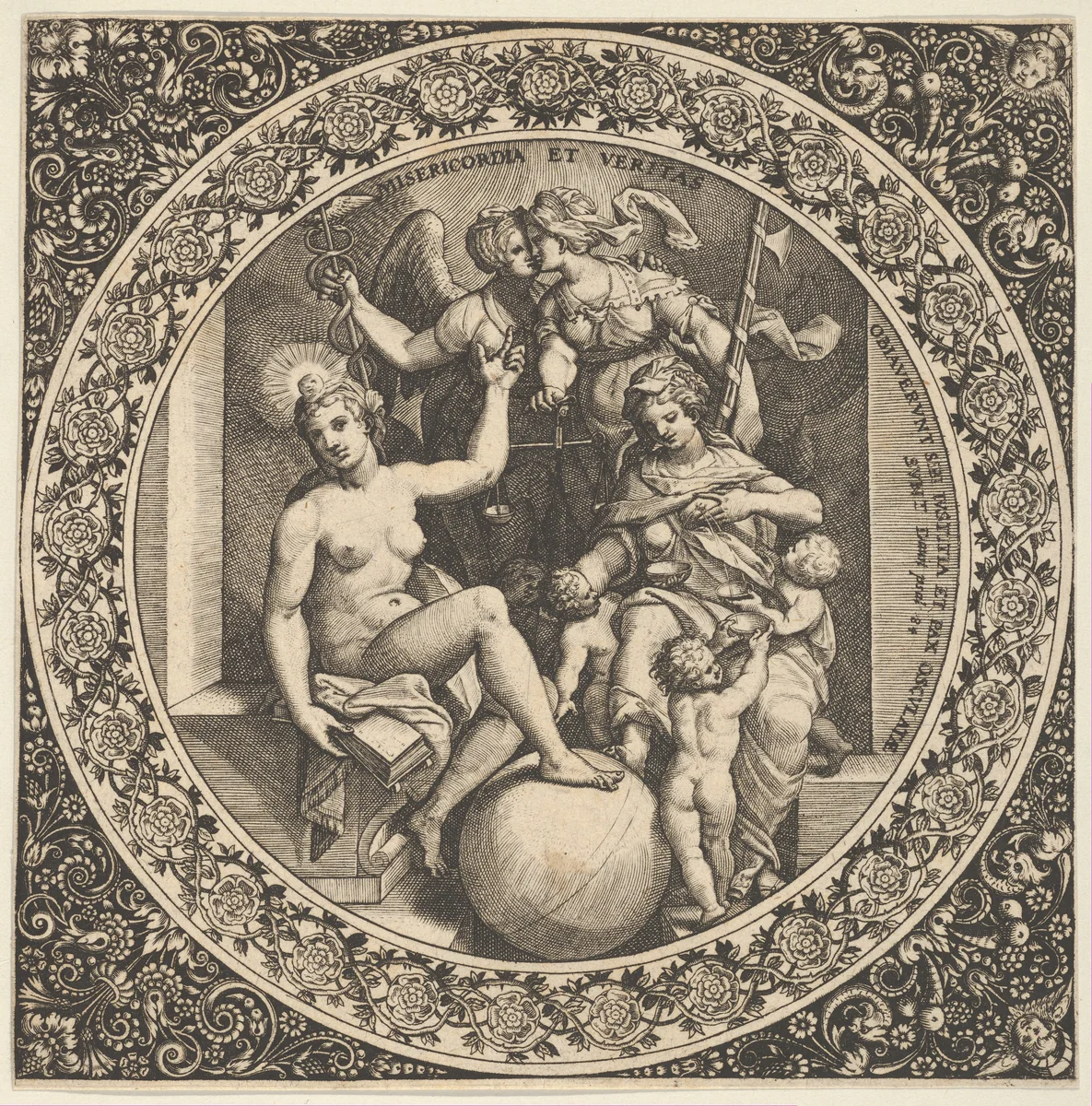 Scene with Misericordia and Veritas in a Circle at Center by Theodor de Bry, print, 1580-1600